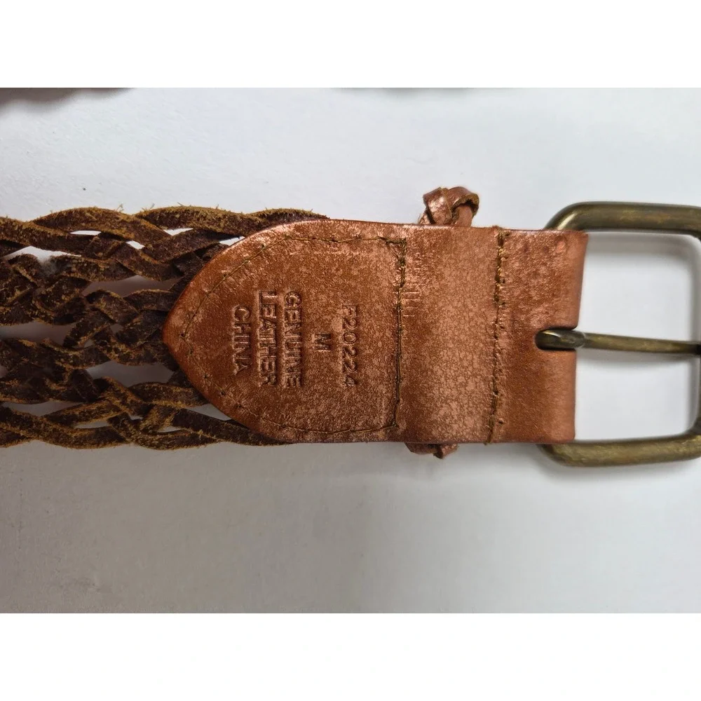 Womens Genuine Leather Braided Belt Metallic Bronze Copper Woven Boho Medium